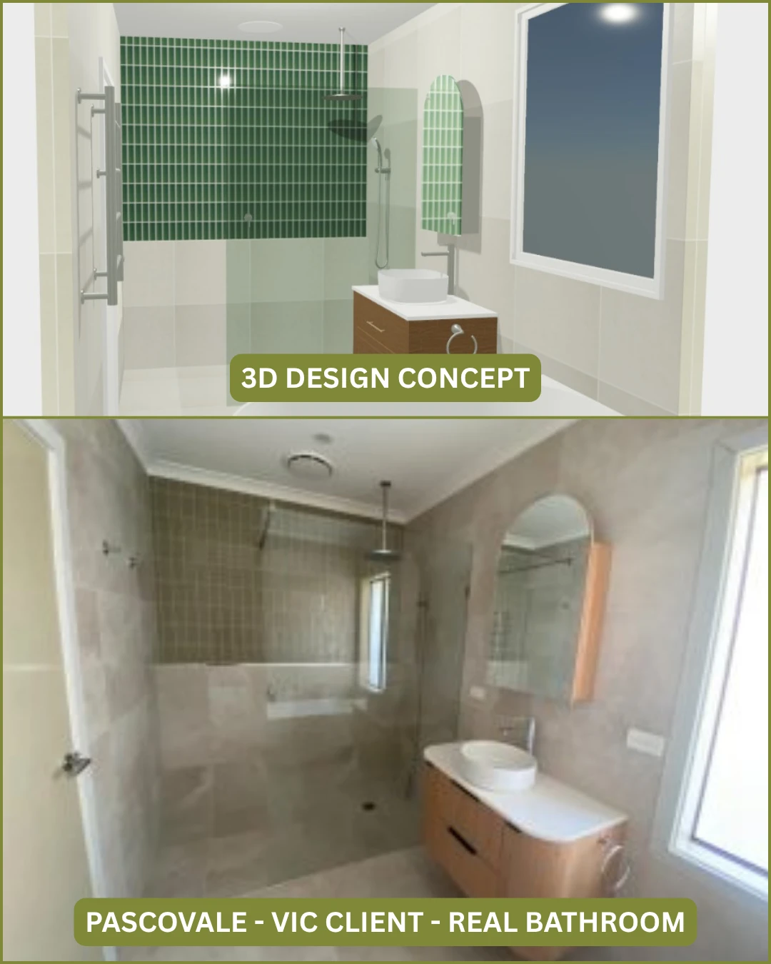 ADIGA 3D bathroom design concept above the completed Pascovale renovation below