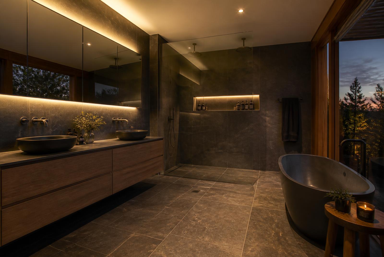 Finished contemporary ensuite with a spacious walk-in shower and warm lighting